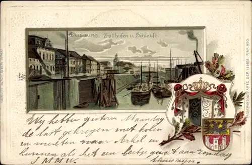 Präge Wappen Litho Duisburg im Ruhrgebiet, Zollhafen und Schleuse
