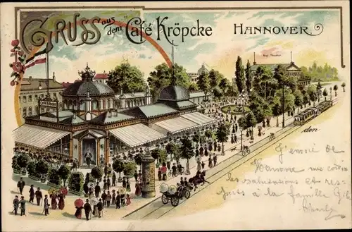 Litho Hannover in Niedersachsen, Café Kröpcke, Straßenbahn, Litfaßsäule