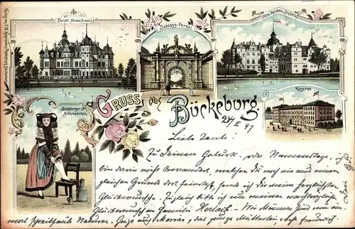 Litho Bückeburg Schaumburg, Fürstliches Neues Palais, Schlossportal, Kaserne, Bauernmädchen