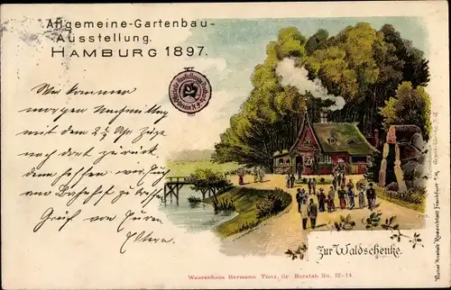 Litho Hamburg Altstadt, Gartenbauausstellung 1897, Waldschenke, Uferpartie mit Besuchern