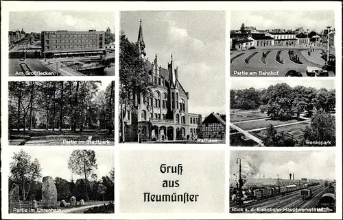 Ak Neumünster in Schleswig Holstein, Großflecken, Rathaus, Stadtpark, Bahnhof, Renkspark, Ehrenhain