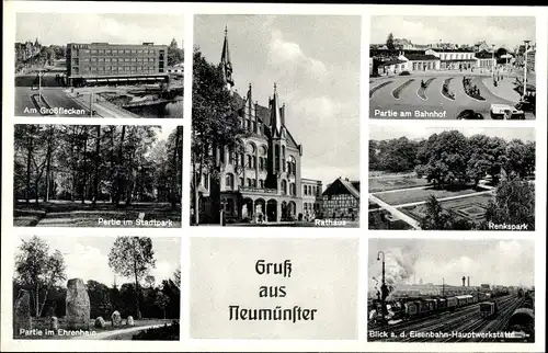 Ak Neumünster in Schleswig Holstein, Großflecken, Rathaus, Stadtpark, Bahnhof, Renkspark, Ehrenhain