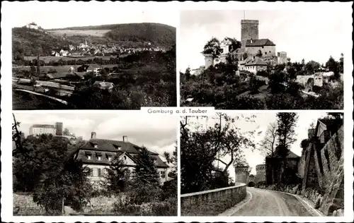 Ak Gamburg Werbach an der Tauber, Alte Burg, Totalansicht, Zufahrt zur Burg, Blick auf den Berg