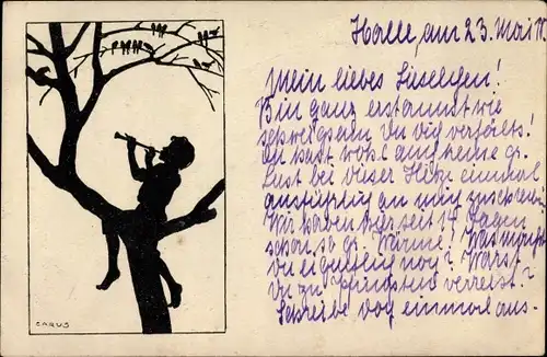 Scherenschnitt Ak Carus, Junge mit Flöte auf einem Baum, Vögel