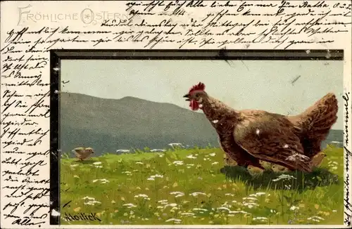 Künstler Litho Mailick, Glückwunsch Ostern, Henne mit ihren Küken