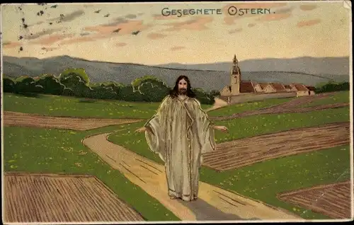 Präge Litho Glückwunsch Ostern, Jesus zwischen Feldern
