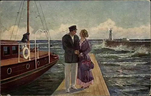 Künstler Ak Fallsen, Niels, Heimkehr, Dänische Kunst, Liebespaar, Seemann, Boot