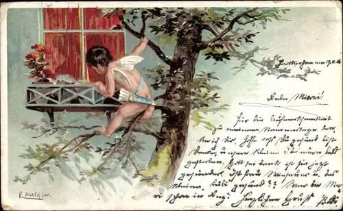 Künstler Ak Döcker, E., Amor auf einem Baum vor einem Fenster, Engel