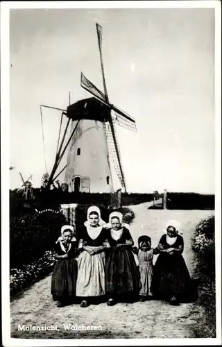 Ak Walcheren Zeeland, Trachten, Kinder, Windmühle