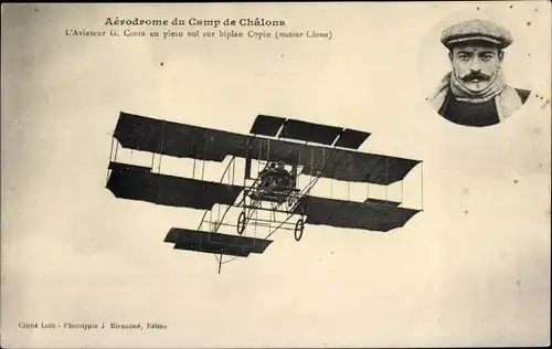 Ak Aerodrome du Camp de Chalons, L'Aviateur G. Copin en plein vol sur biplan Copin