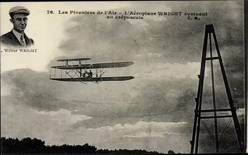 Ak Les Pionniers de l'Air, L'Aeroplane Wright evoluant au crepuscule, Flugpionier