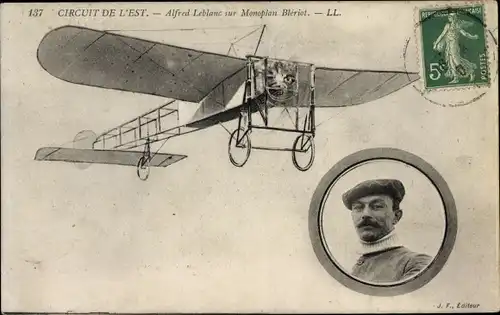 Ak Circuit de l'Est, Alfred Leblanc sur Monoplan Bleriot, Flugpionier