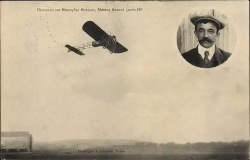 Ak Grazzioli sur Monplan Bleriot, Moteur Anzani, Flugpionier