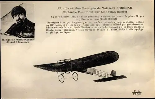 Ak Le celebre Enseigne de Vaisseau Conneau dir Andre Beaumont sur Monoplan Bleriot, Flugpionier