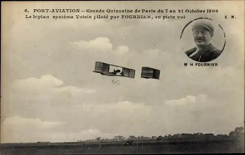 Ak Port Aviation, Grande Quinzaine de Paris 1909, Le biplan systeme Voisin pilote par Fournier