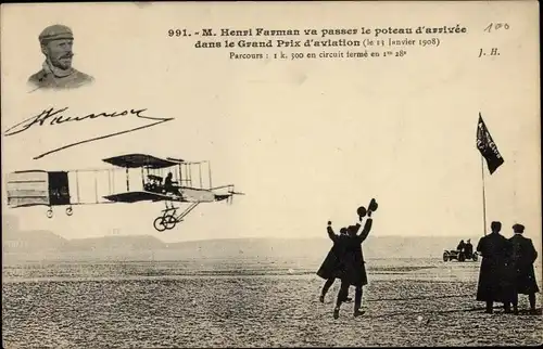 Ak M. Henri Farman va passer le poteau d'arrivee dans le Grand Prix d'Aviation, Flugpionier