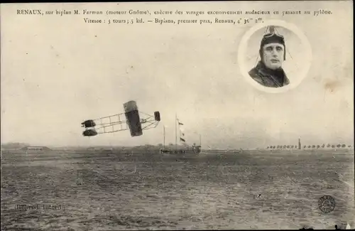 Ak Renaux, sur biplan M. Farman, Zivilflugzeug, Flugpionier