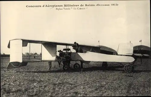 Ak Reims Marne, Concours d'Aeroplanes Militaires 1911, Biplan Voisin Le Canard, Doppeldecker