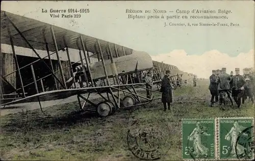 Ak Region du Nord, Camp d'Aviation Belge, Biplans prets a partir en reconnaissance, I WK