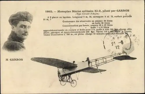 Ak Monoplan Bleriot militaire XI 2, pilote par Garros, französisches Militärflugzeug