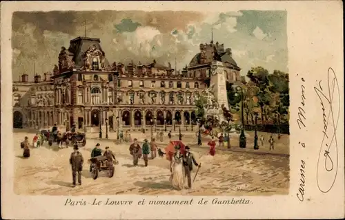 Litho Paris I., Le Louvre et monument de Gambetta