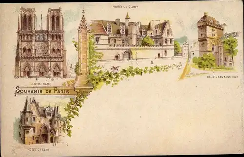 Litho Paris, Musee de Cluny, Notre Dame, Hotel de Sens