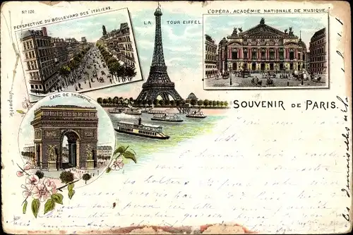 Litho Paris, Seine, Boulevard des Italiens,, Arc de Triomphe, Opéra, Eiffelturm