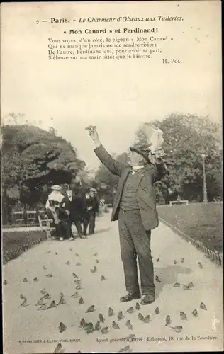 Ak Paris, Le Charmeur d'Oiseaux aux Tuileries, Mon Canard et Ferdinand