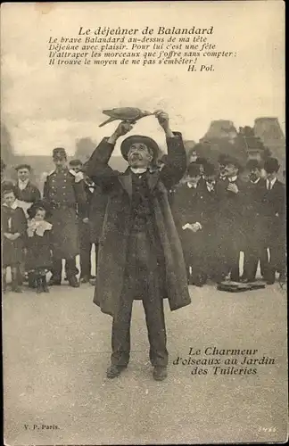 Ak Paris, Le Charmeur d'Oiseaux au Jardin des Tuileries, Le dejeuner de Balandard