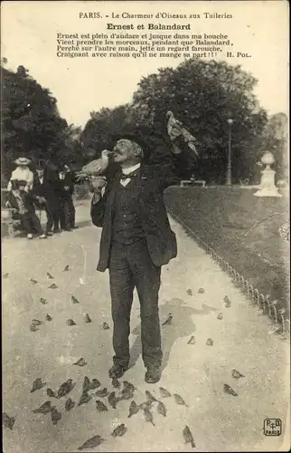 Ak Paris, Le Charmeur d'Oiseaux au Jardin des Tuileries, Ernest et Balandard