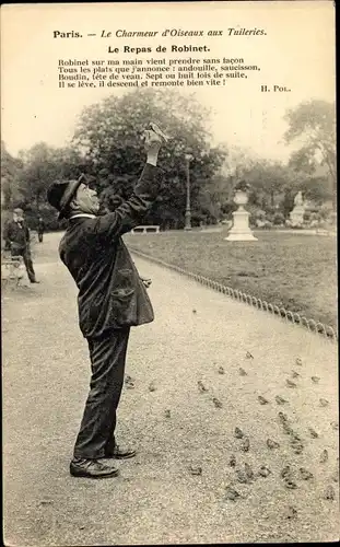 Ak Paris, Le Charmeur d'Oiseaux aux Tuileries, Le Repas de Robinet