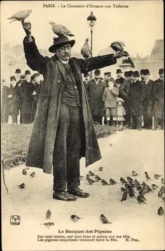 Ak Paris, Jardin des Tuileries, Le Charmeur d'Oiseaux, Le Banquet des Pigeons
