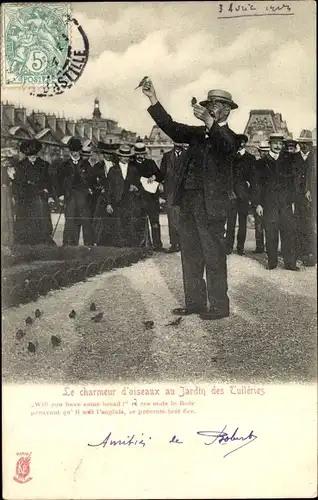 Ak Paris, Le Charmeur d'Oiseaux au Jardin des Tuileries