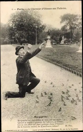 Ak Paris, Le Charmeur d'Oiseaux aux Tuileries, Marguerite