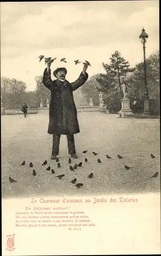 Ak Paris, Jardin des Tuileries, Le Charmeur d'Oiseaux, Un Dejeuner matinal