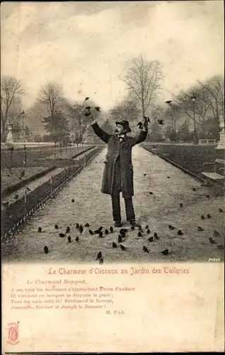 Ak Paris, Jardin des Tuileries, Le Charmeur d'Oiseaux, Le Charmant Banquet