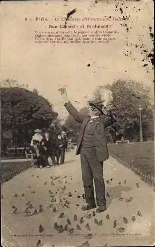 Ak Paris, Jardin des Tuileries, Le Charmeur d'Oiseaux, Mon Cahard et Ferdinand