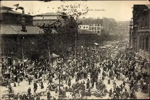 Ak Paris I, Rue des Halles, Les Halles Centrales, belebte Straßenszene, Händler