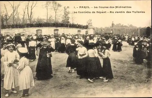 Ak Paris I., La Course des Midinettes, le Controle de Depart, au Jardin des Tuileries,Verkäuferinnen