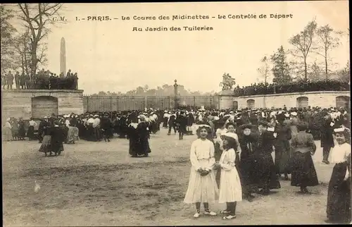 Ak Paris I., La Course des Midinettes, le Controle de Depart, au Jardin des Tuileries,Verkäuferinnen
