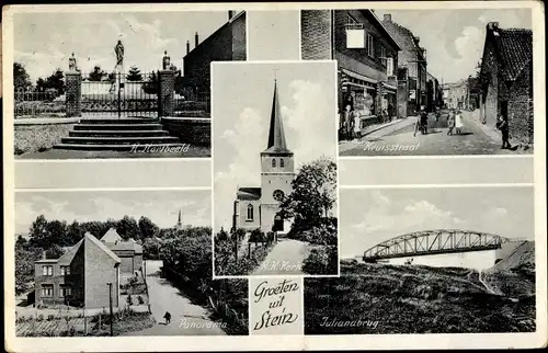 Ak Stein Limburg Niederlande, Kruisstraat, Kerk, Julianabrug, H. Hartbeeld Denkmal