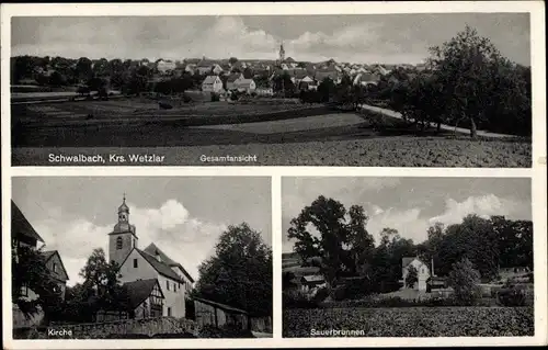 Ak Schwalbach Schöffengrund in Hessen, Gesamtansicht, Kirche, Sauerbrunnen