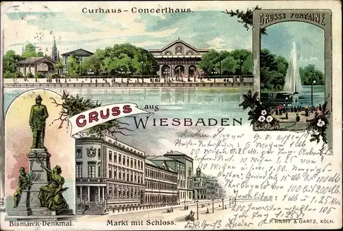 Litho Wiesbaden in Hessen, Kurhaus, Konzerthaus, Bismarck Denkmal, Markt, Schloss, Fontaine