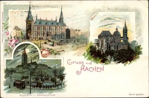 Litho Aachen in Nordrhein Westfalen, Rathaus, Marktplatz, Dom Nordseite, Kaiserplatz, Adalbertkirche