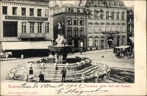 Ak Aachen in Nordrhein Westfalen, Marktplatz, Denkmal Kaiser Karl des Großen, Geschäftshäuser