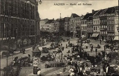 Ak Aachen in Nordrhein Westfalen, Markt mit Rathaus, Marktstände, Geschäftshäuser