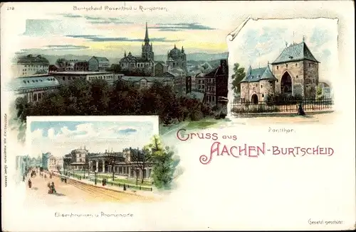 Litho Aachen in Nordrhein Westfalen, Burtscheid, Rosenbad, Kurgarten, Elisenbrunnen, Promenade, Tor