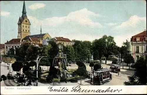 Ak Aachen in Nordrhein Westfalen, Kaiserplatz, Kaiserbrunnen, Straßenbahnen