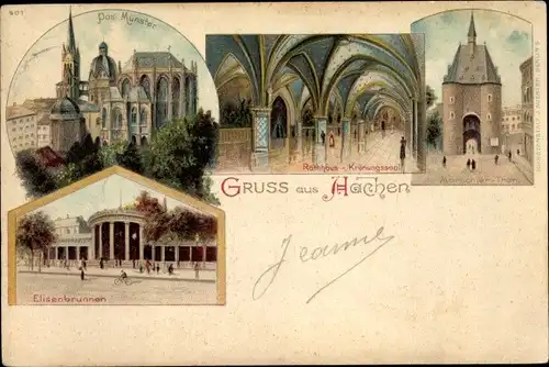 Litho Aachen in Nordrhein Westfalen, Rathaus, Krönungssaal, Maschier Tor, Elisenbrunnen, Das Münster