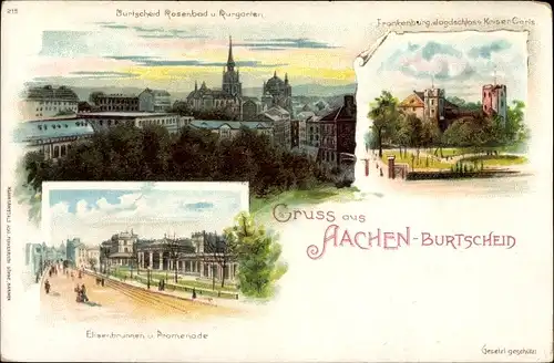 Litho Aachen in Nordrhein Westfalen, Burtscheid, Rosenbad, Kurgarten, Elisenbrunnen, Frankenburg